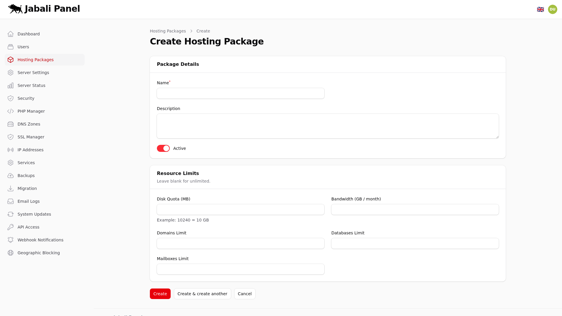 Jabali-Admin/Hosting-Packages/Create Screenshot