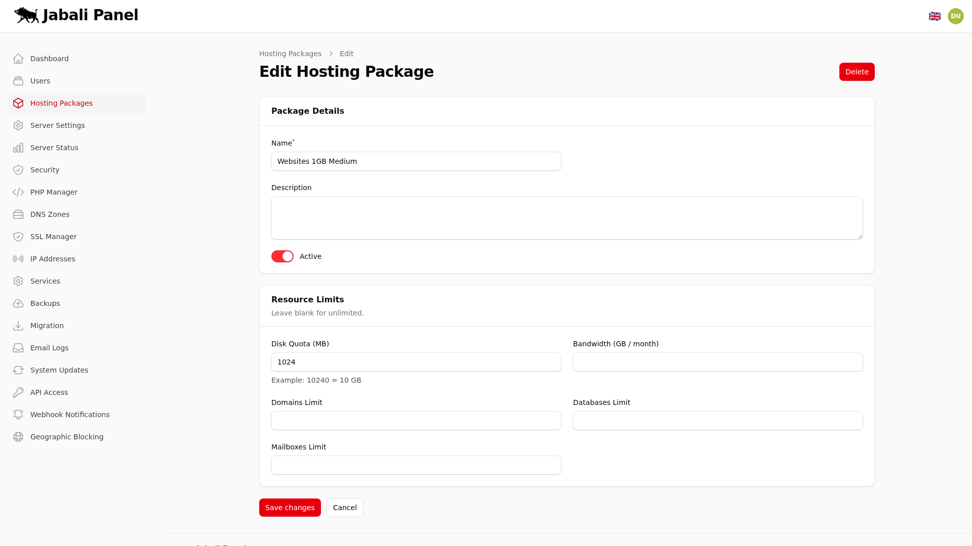 Jabali-Admin/Hosting-Packages/{Record}/Edit Screenshot