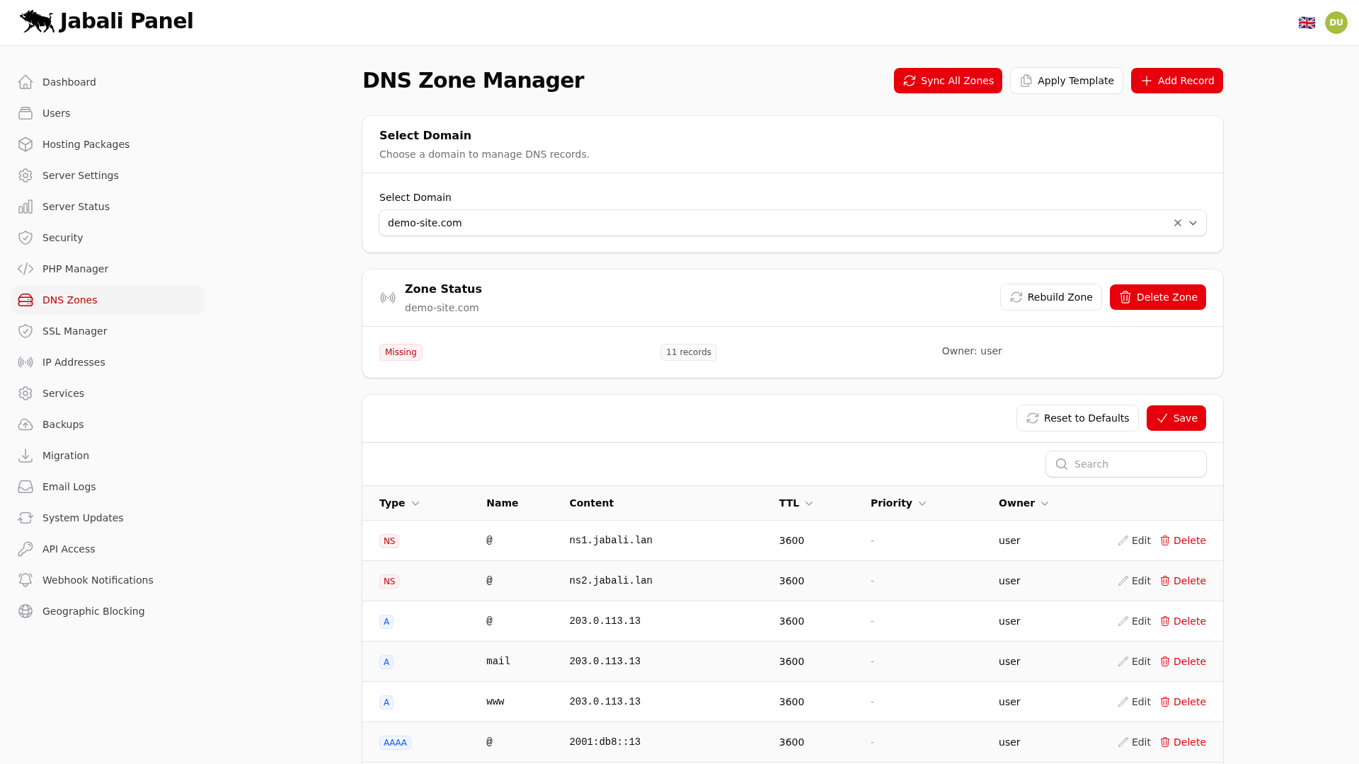 Server Settings - DNS
