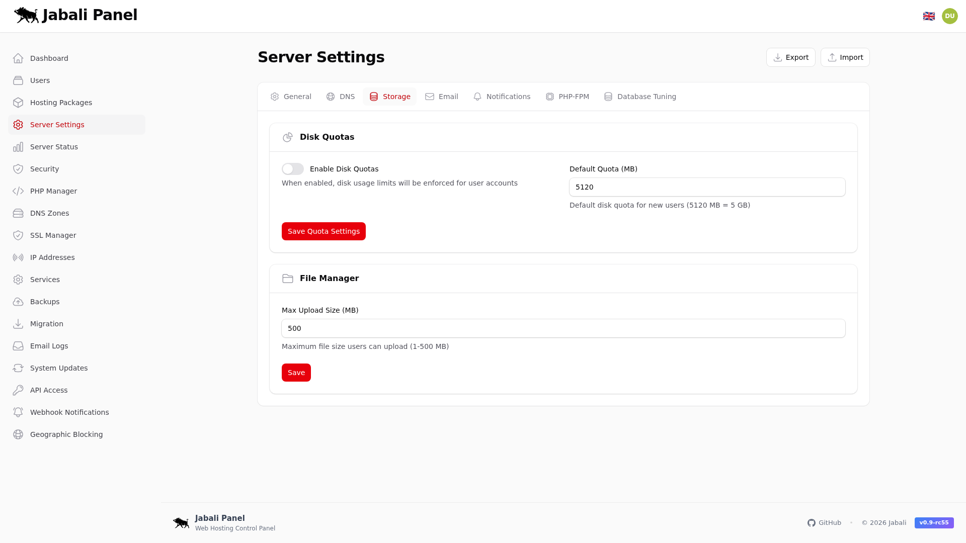 Server Settings - Storage