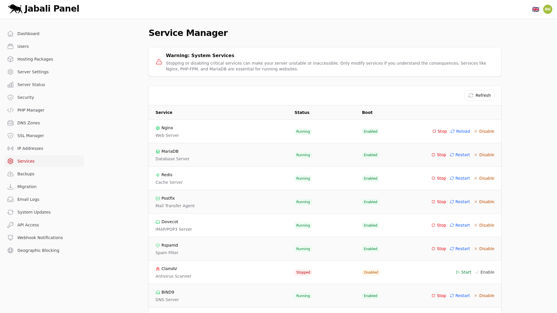 Services Screenshot