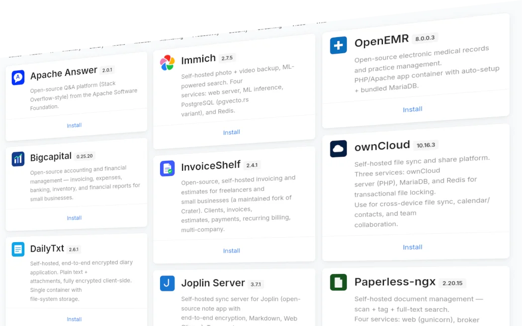 Jabali Panel Docker Apps catalog — 54+ one-click self-hosted stacks