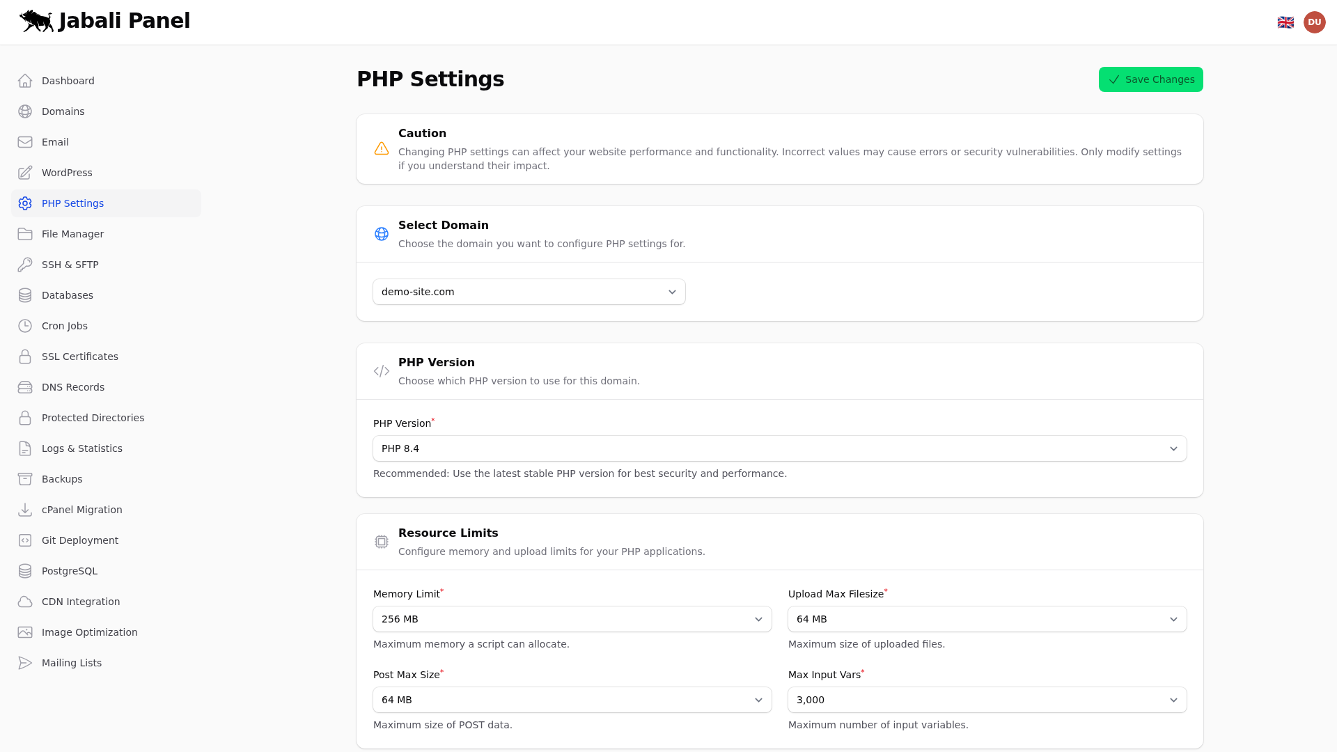 Php Settings Screenshot