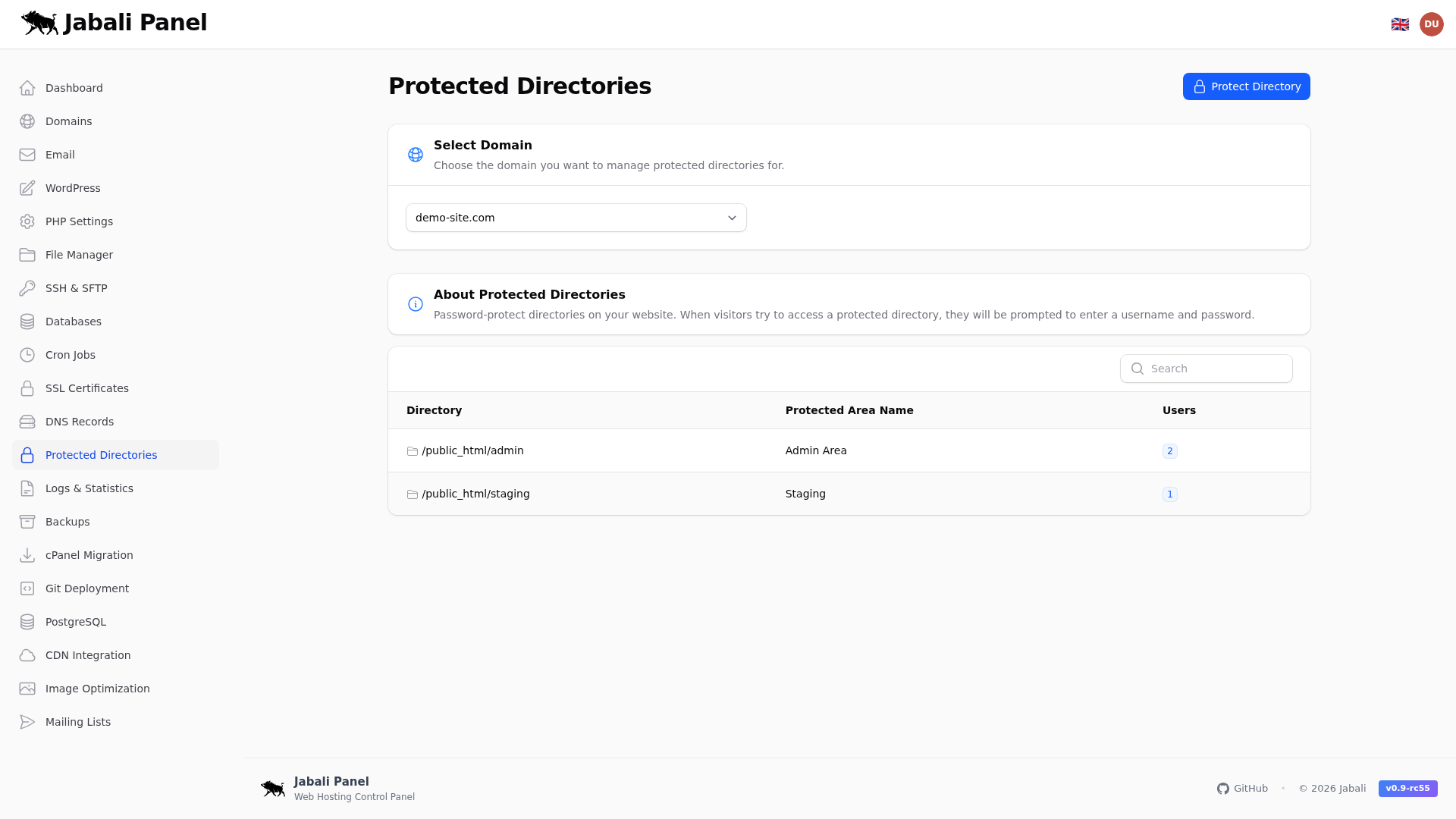 Protected Directories Screenshot